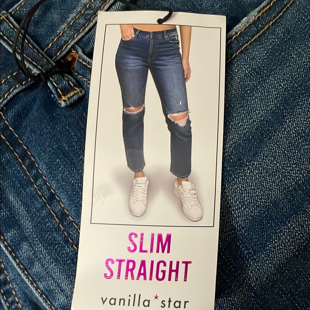 Vanilla Star Straight Leg High Waist‎ Jeans with Distressed Details